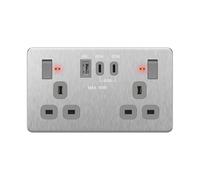 LIDER 2-Gang Switched 13A Socket with USB TYPE C & A, LED Power Indicator, Power Delivery Fast Charging, Total Output 65W, PD 60W Max USB-C, UKCA Certified, Stainless Steel (Use a 35mm-deep back box)
