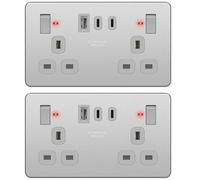 LIDER 2-Gang Switched 13A Socket with USB TYPE C & A Ports, LED Power Indicator, Always-On USB Port, 25W Combined Output, UKCA Certified, Child Safe, Stainless Steel, 2 Pack (Use a 35mm-deep back box)