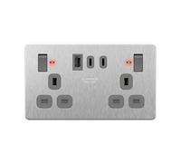 LIDER 2-Gang Switched 13A Socket with USB TYPE C & A Ports, LED Power Indicator, Always-On USB Ports, 25W Combined Output, UKCA Certified, Child Safe, Stainless Steel (Use a 35mm-deep back box)