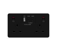 LIDER 2-Gang Switched 13A Socket with USB TYPE C & A, Power Delivery Fast Charging Wall Socket, Total Output 65W, PD 60W Max USB-C Output, Child Safe, Glossy Finish, Black (Use a 35mm-deep back box)