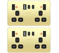 LIDER 2-Gang Switched Socket, USB TYPE C&A Ports, LED Power Indicator, Always-On USB Ports, 25W Combined Output, Stainless Steel, UKCA Certified, Polished Brass, 2 Pack (Use a 35mm-deep back box)