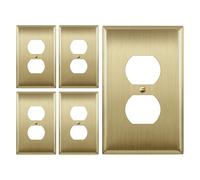 LIDER Duplex Receptacle Metal Wall Plate, Stainless Steel Outlet Cover, Corrosion Resistant, Mid-Size 1-Gang 4.88" x 3.11", 201 Stainless Steel, UL Listed, LMWP-21M-BB5P, Brushed Brass, 5 Pack