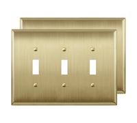 LIDER Toggle Light Switch Metal Wall Plate, Stainless Steel Switch Cover, Corrosion Resistant, Mid-Size 3-Gang 4.88" x 6.77", 201 Stainless Steel, LMWP-13M-BB2P, Brushed Brass, 2 Pack