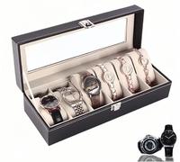 LIDOUK Watch box with 6 slots, watch case with acrylic cover, watch display box with detachable watch pillow, metal buckle, gift idea, black synthetic leather, gray lining