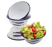 LIDSCURA 4Pcs 20oz Enamelware Vintage Classic Round Cereal Bowl, Blue Enamelware, Cereal Bowl with Fish Pattern on The Surface, Solid White/Blue Rim