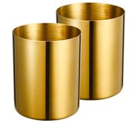 Lidwot Golden 304 Stainless Steel Pen Holder Set of 2 - Vacuum Coated and Fade-Resistant Round Nordic Style Metal Cup for Desk, Stationery, Kitchen Tools and Makeup Brushes Storage