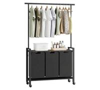 Lidzopas 3-Section Rolling Laundry Sorter Hamper, Hanging Rack & Wooden Shelf, Heavy Duty Lockable Wheels, Black + Classic Swatches, 3 Bags