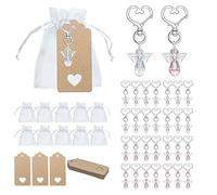 Lidzopas 30Pcs Guardian Angel Keychain,Baby Shower Favours Lucky Charm Pendants with Organza Bag and Kraft Paper Tags for Wedding Guests Gift Decoration Baby Shower Birthday Celebr White + pink One