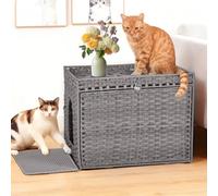 Lidzopas Double Decker Handwoven Rattan Cat Litter Box Enclosure - Hidden PE Woven Cat Washroom Cabinet with Upper Napping Space, Odor Control, Anti-Splashing, Large Indoor Cat House with Mat, Grey