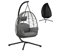 Lidzopas Outdoor Hanging Egg Chair, Foldable Removable Basket, Rattan Garden Egg Swing Chair with Stand, Hammock Basket Seating with Cushion, Dust Cover for Garden, Patio, Balcony, 150kg Capacity