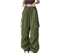 Liebeimmer Womens High Waist Baggy Cargo Trousers Loose Fit Straight Wide Leg Y2K Teen Girls Fashion Parachute Trousers Trendy Joggers Army Green