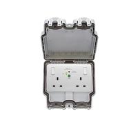 Lieber Silk White 2 Gang RCD Outdoor Power Socket 13Amp RCD Latched-30mA Type A Double Pole IP66 Weatherproof Electrical Wall Outlet Outdoor Socket | Hard Standing All Weather and Storm Proof
