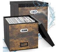 LiebeRen Retro Vinyl Record Storage Box, Set of 2, Stackable, Holds Up to 100 Records, 13.5" x 13.5" x 13.5"