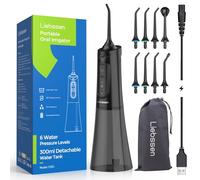 Liebssen Cordless Water Dental Flosser for Teeth Cleaning Denture Brushes One Button Operation 6 Water Intensity 5 Tips IPX7 Long Battery Life 300ML Tank Portable Oral Irrigator (Black+8tips)