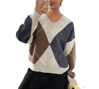 LIEROLYE Chunky Knit Sweater Women Oversized, V-neck Argyle Cropped Pullover Top Long Sleeve Casual(Apricot Navy,XL)