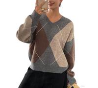 LIEROLYE Chunky Knit Sweater Women Oversized, V-neck Argyle Cropped Pullover Top Long Sleeve Casual(Apricot Grey,XL)