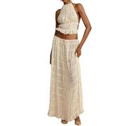 LIEROLYE Women's 2 Piece Maxi Skirt Set Backless Lace Crop Top Flowy Long Skirt Summer Beach Outfits(Apricot,S)