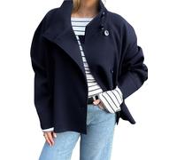 LIEROLYE Women's Cropped Wool Pea Coat, Winter Stand Collar Short Single Breasted Blazers Jacket for Office(Navy Blue,S)