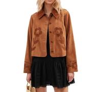 LIEROLYE Women's Fall Floral Faux Suede Jacket, Casual Crop Trucker Jacket with Button Down Open Front Collar Outerwear(L)