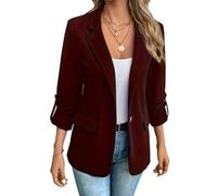 LIEROLYE Women's Fitted Blazers, Rolled-up Sleeve Notch Lapel One Button Business Jacket, Dressy Casual Suit Outwear(Burgundy,L)