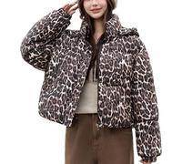 LIEROLYE Women's Leopard Print Cropped Puffer Jacket Winter Warm Hooded Down Coat Lightweight Long Sleeved Quilted Jackets(Brown,S)
