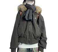 LIEROLYE Women's Y2K Fur Hood Puffer Jacket, Oversized Short Winter Coat, Thick Warm Zip-up Hooded Parka(Grey,M)