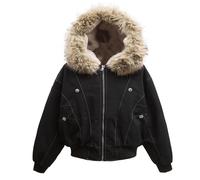 LIEROLYE Women's Y2K Fur Hood Puffer Jacket, Oversized Short Winter Coat, Thick Warm Zip-up Hooded Parka(Black,S)
