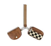 LIERWOI Mini Zip Around Keychain Wallet Chekered Dual Pouch Wristlet for Women Portable Detachable Coin Purse Mini Card Pocket, A-Brown, Stylish Chekered Wristlet