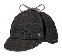 Lierys Deerstalker Check Wool Herringbone Plaid Cap Earflaps Made in Germany Men Autumn Winter Black-Grey