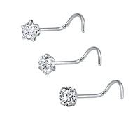 Lieson 3Pcs Women's Nose Ring, 16G Nose Ring Stainless Steel Curved Studs Heart Round and Star Cubic Zirconia Nose Studs Silver White