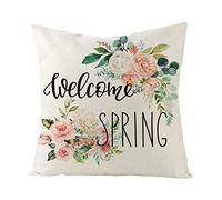 Lieson Christmas Cushions Covers, 1PCS 18x18 Cushion Cover 45x45CM Flowers Welcome SPRING Cushion Cases Beige Pink Green, Cotton Linen