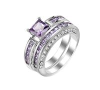 Lieson Plated 18ct Gold Rings for Women, Engagement Ring for Her Classic Two Ring Set Square Shape Purple Cubic Zirconia Ring Size T 1/2