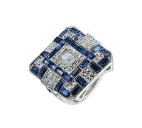 Lieson Plated 18K White Gold Rings for Women, Ladies Wedding Bands Luxury Large Ring Rectangular Shape Blue Cubic Zirconia Ring Size T 1/2