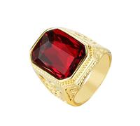 Lieson Stainless Steel Ring for Men Engraved, Rings Engagement for Men Totem Rectangle Red Cubic Zirconia Wedding Band Yellow Gold Ring Size P 1/2