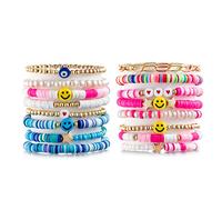 LieToi Preppy Heishi Bracelets Set Colorful White Gold Smile Heart Star Evil Eye Beaded Polymer Clay Pearl Stackable Charm Y2K Kidcore Summer Beach Bohemian Layering Bracelets Jewelry for Women Girls