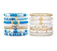 LieToi Preppy Heishi Bracelets Set Colorful White Gold Smile Heart Star Evil Eye Beaded Polymer Clay Pearl Stackable Charm Y2K Kidcore Summer Beach Bohemian Layering Bracelets Jewelry for Women Girls,