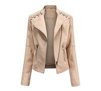 LIEVETY Women's Faux Leather Moto Jacket Zip Moto Pu Leather Biker Jacket Coat with Pockets Outwear Slim Coat (Khaki,S)