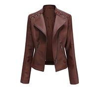 LIEVETY Women's Faux Leather Moto Jacket Zip Moto Pu Leather Biker Jacket Coat with Pockets Outwear Slim Coat (Coffee,2XL)