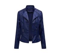 LIEVETY Women's Faux Leather Moto Jacket Zip Moto Pu Leather Biker Jacket Coat with Pockets Outwear Slim Coat (Navy Blue,XL)