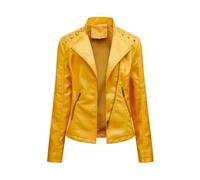 LIEVETY Women's Faux Leather Moto Jacket Zip Moto Pu Leather Biker Jacket Coat with Pockets Outwear Slim Coat (Yellow,L)