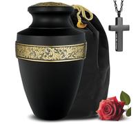 LIFAG Black and Gold Urns for Human Ashes Adult Man with Velvet Bag & Cross Necklace for Ashes of Loved One - Hand Engraved Cremation Urns for Men & Women - Memorial Funeral Urn - Large, 220 lbs