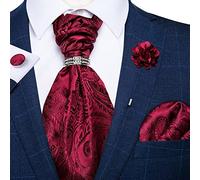LiFBeauTiFul Classic Burgundy Red Ascot Ties Silk Striped Woven Scarf Cravat Tie Pocket Square Cufflinks For Men Wedding Necktie Ring Set home (Color : AS-2039-JZ04-XH0122)