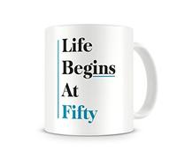 "Life Begins At 50" - 50th Birthday Mug Gift/Present - Funny / Novelty / Humour / Cheeky / Joke Style Mug - Great Mug Gift For Men, Him, Women, Her, Girlfriend, Boyfriend, Husband, Wife, Mum, Dad, Uncle, Aunty, Brother, Sister, Cousin, Grandma, Grandad. Great Coffee / Tea Mug For The Home or Work / Office