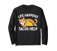 Life Happens Tacos Help, Cute Ginger cat Holding a Taco Long Sleeve T-Shirt