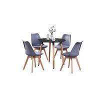 Life Interiors 5Pcs Dining Set - A Black Round Dining Table & Set Of 4 Grey Lorenzo Tulip Chairs With Padded Seat