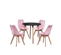 Life Interiors 5Pcs Dining Set - A Black Round Dining Table & Set Of 4 Pink Lorenzo Tulip Chairs With Padded Seat