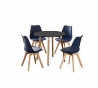 Life Interiors 5Pcs Dining Set - A Black Round Dining Table & Set Of 4 Royal Blue Lorenzo Tulip Chairs With Padded Seat