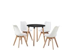 Life Interiors 5PCs Dining Set - a Black Round Dining Table & Set of 4 White Lorenzo Tulip chairs with Padded Seat - Plastic - White - Dining Sets