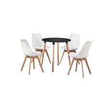 Life Interiors 5Pcs Dining Set - A Black Round Dining Table & Set Of 4 White Lorenzo Tulip Chairs With Padded Seat