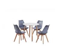 Life Interiors 5Pcs Dining Set - A White Round Dining Table & Set Of 4 Grey Lorenzo Tulip Chairs With Padded Seat